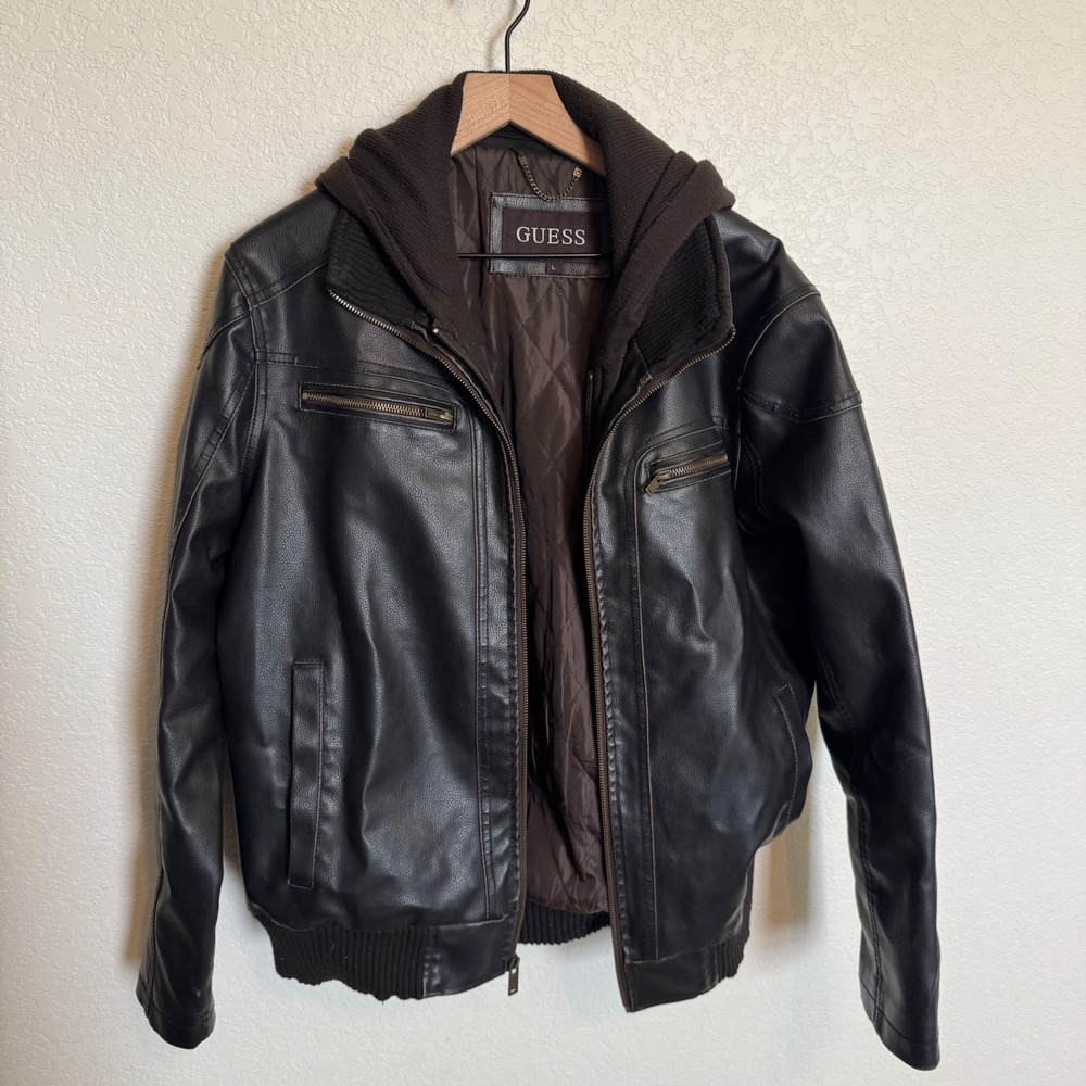 Streetwear Biker Grunge Guess Faux Leather Hooded Jacket Large Black